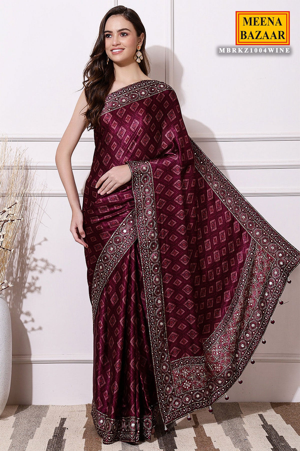 Wine Satin Printed Saree With Embroidered Border