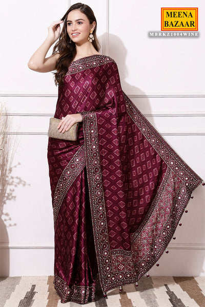 Wine Satin Printed Saree With Embroidered Border