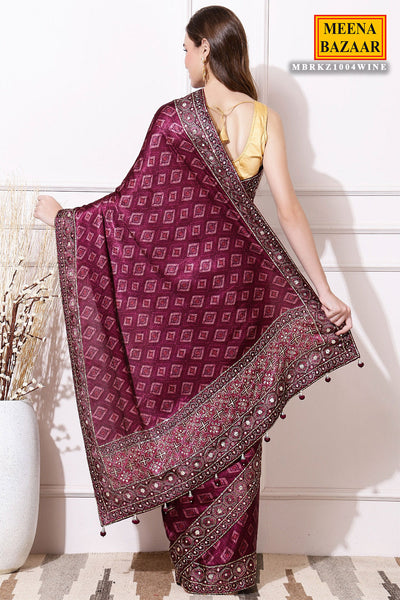 Wine Satin Printed Saree With Embroidered Border