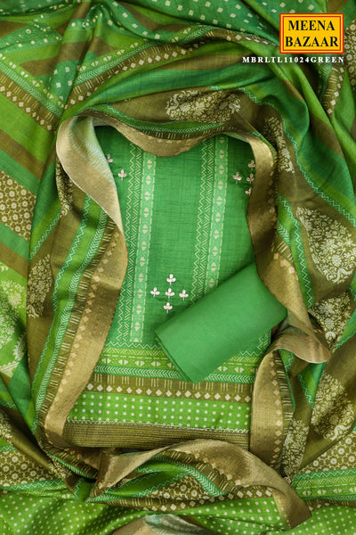 Green Tussar Silk Floral Printed Unstitched Suit Set