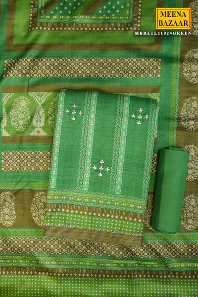 Green Tussar Silk Floral Printed Unstitched Suit Set