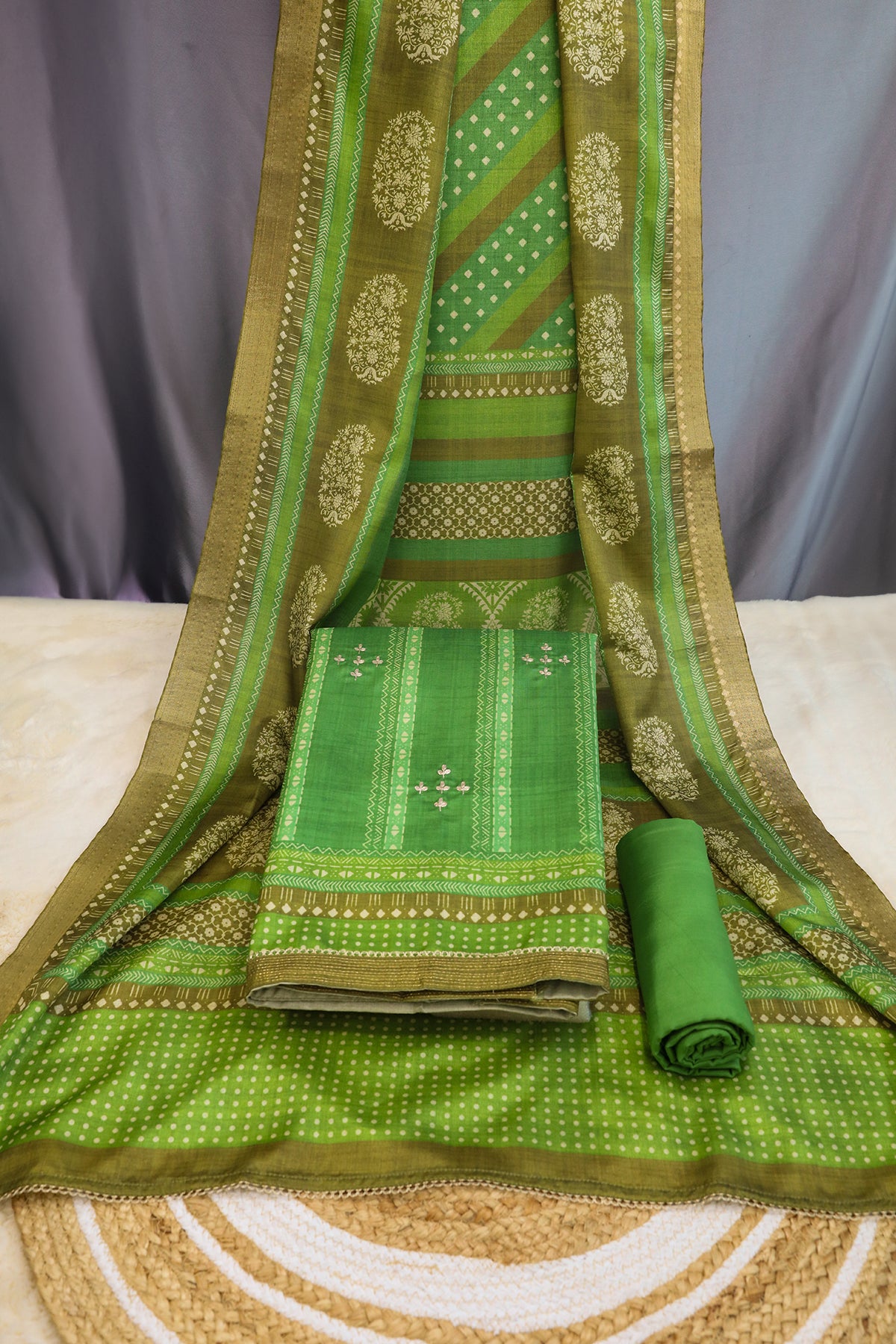 Green Tussar Silk Floral Printed Unstitched Suit Set