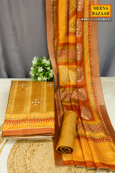 Rust Tussar Silk Floral Printed Unstitched Suit Set