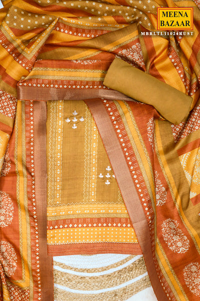 Rust Tussar Silk Floral Printed Unstitched Suit Set