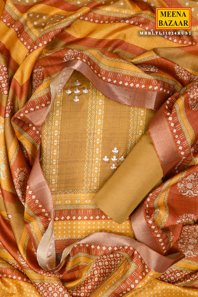 Rust Tussar Silk Floral Printed Unstitched Suit Set