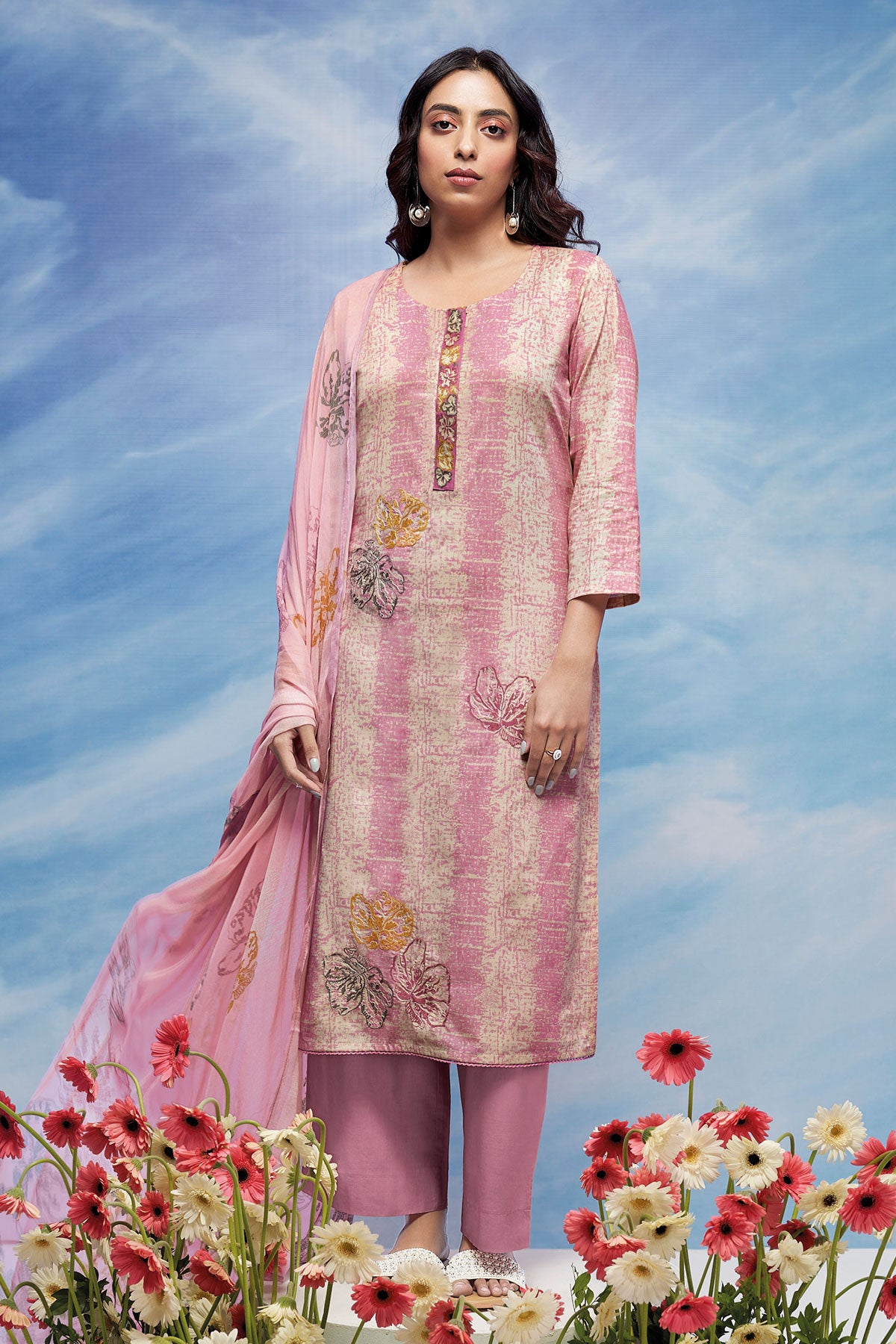 Pink Cotton Embroidered Unstitched Suit Set