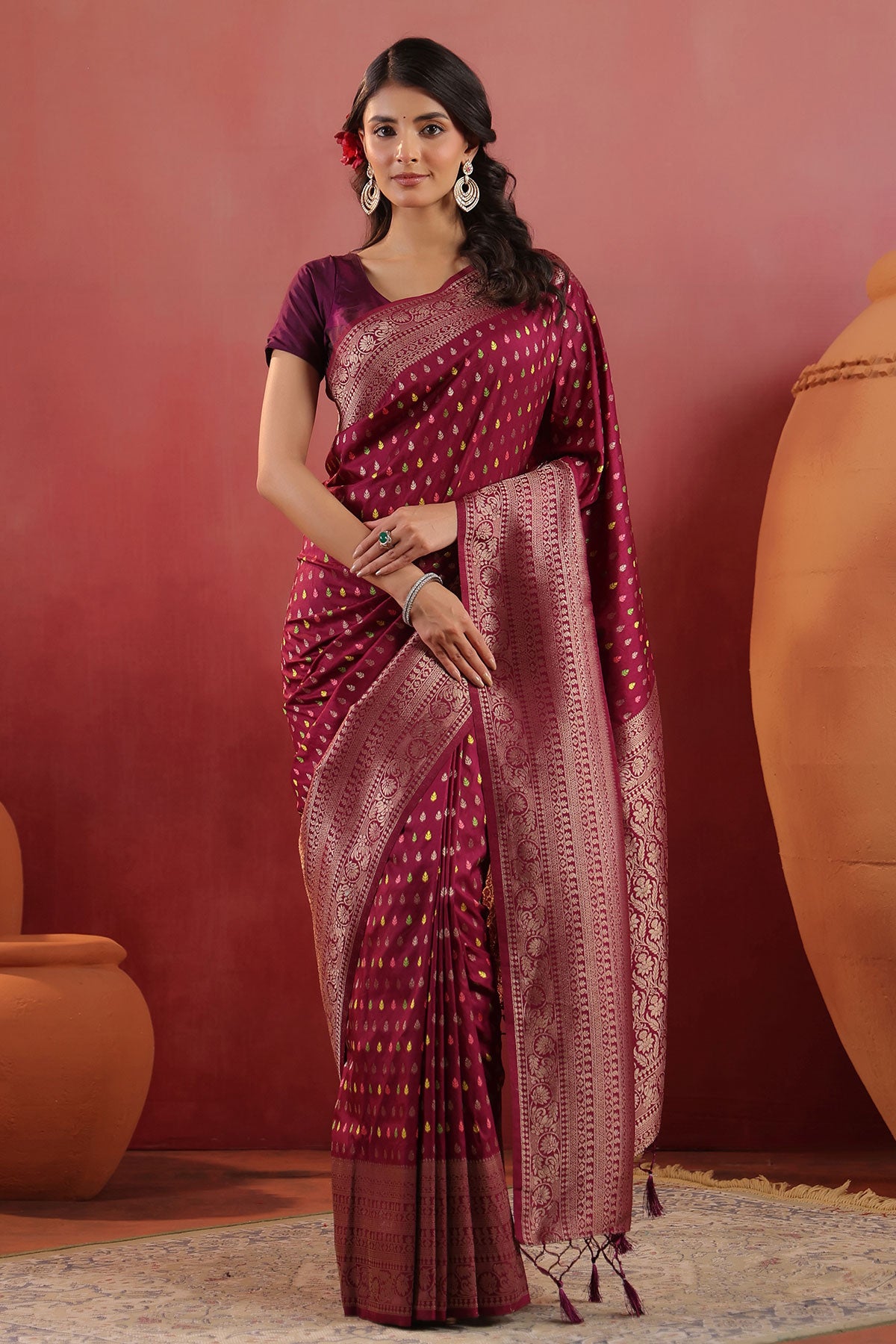 Maroon Banarasi Silk Saree with Golden Zari Weaving & Rich Pallu Elegant Traditional Saree