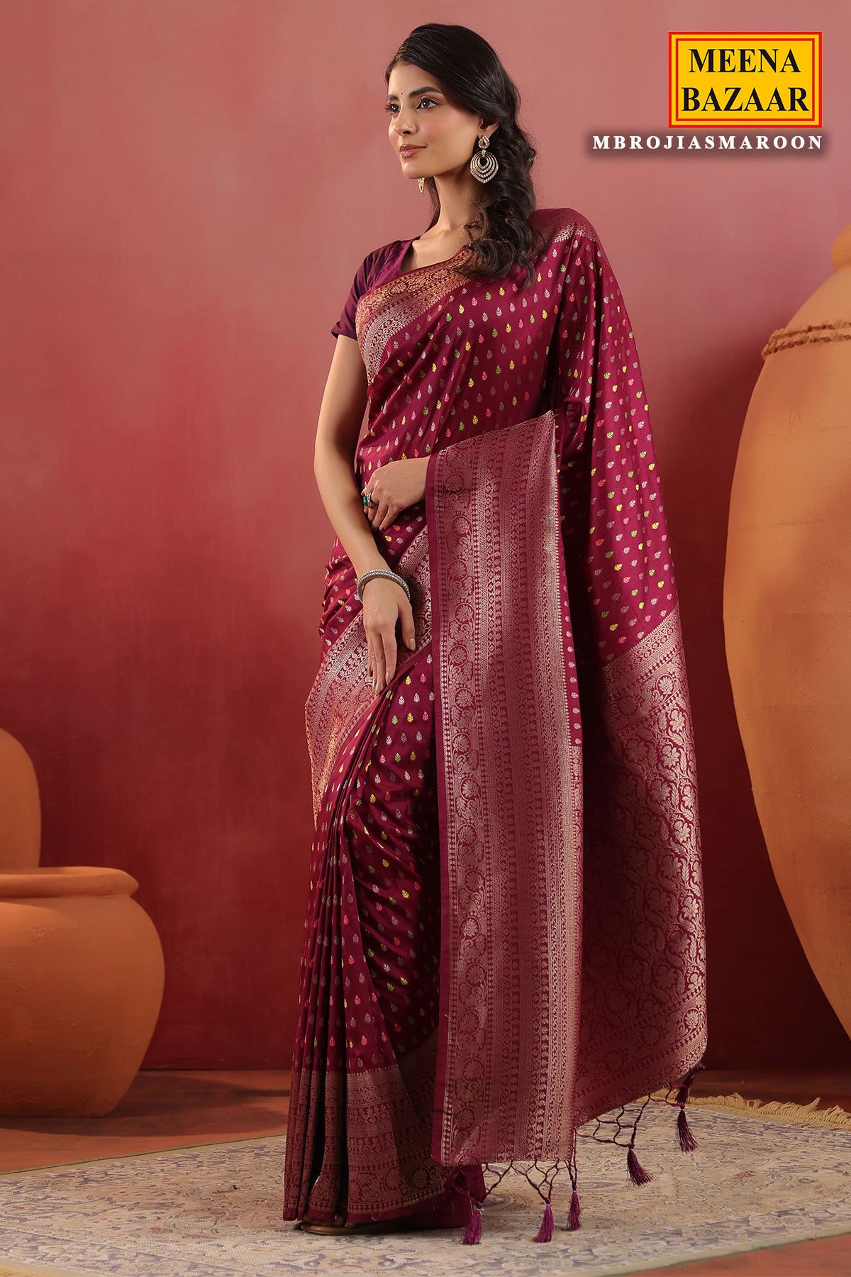 Maroon Banarasi Silk Saree with Golden Zari Weaving & Rich Pallu Elegant Traditional Saree