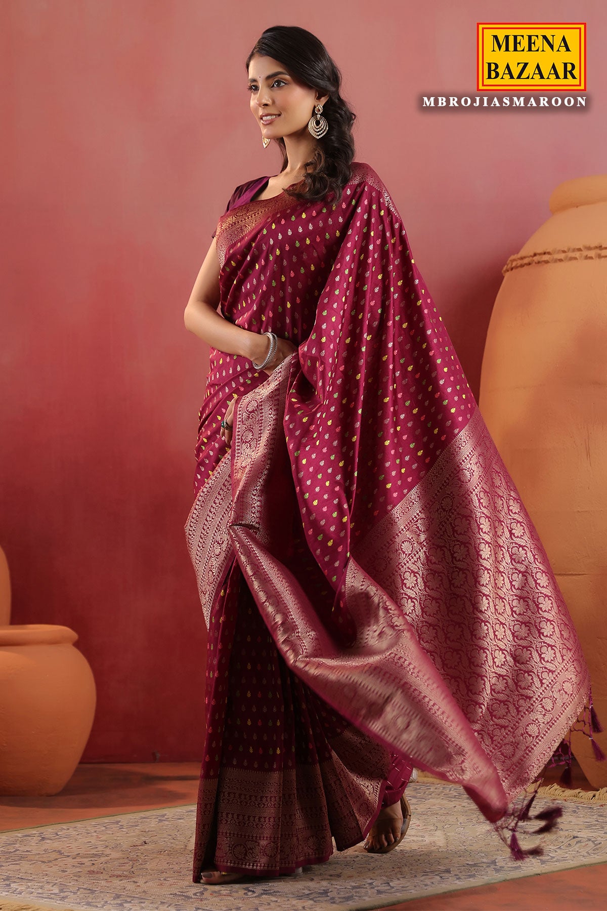 Maroon Banarasi Silk Saree with Golden Zari Weaving & Rich Pallu Elegant Traditional Saree