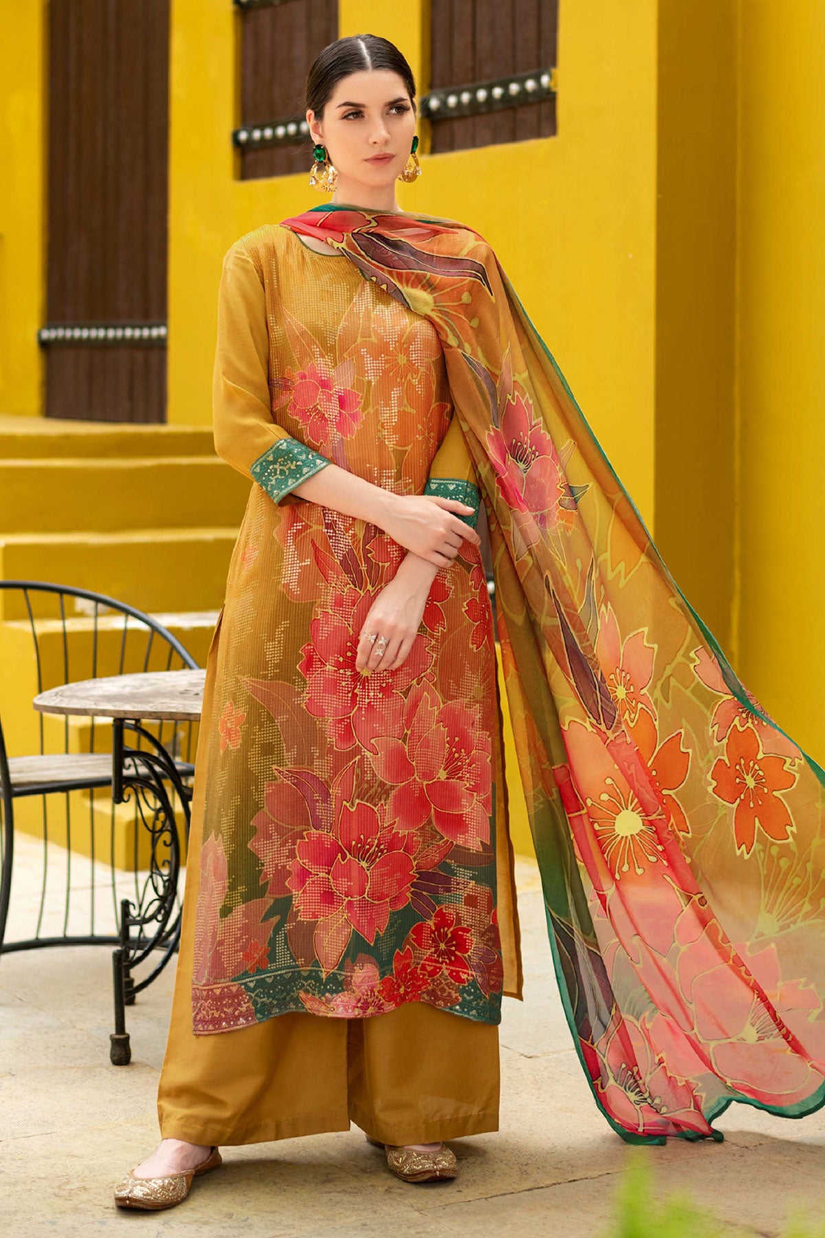 Mustard Muslin Floral Printed Sequins Embroidered Suit Set