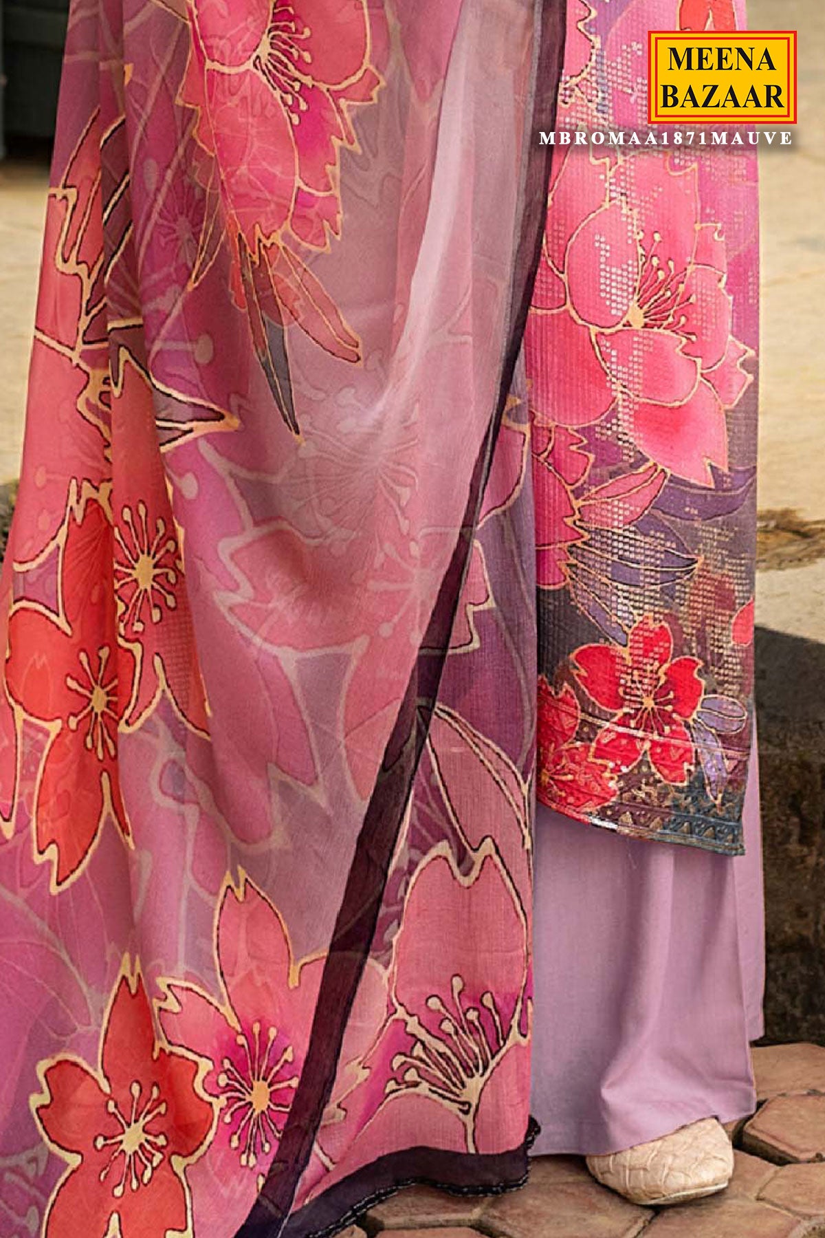 Mauve Muslin Floral Printed Sequins Embroidered Suit Set