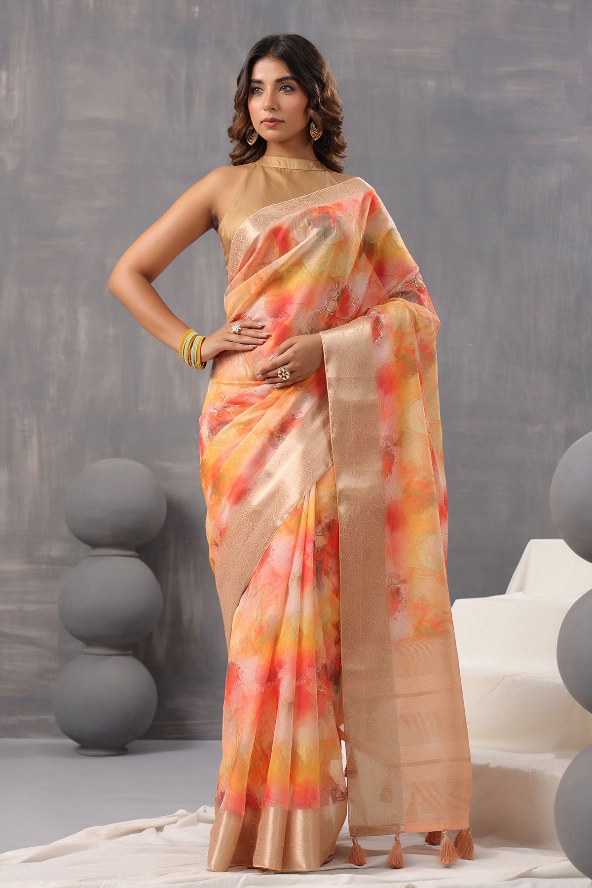 Multi-coloured Organza Floral Printed Saree