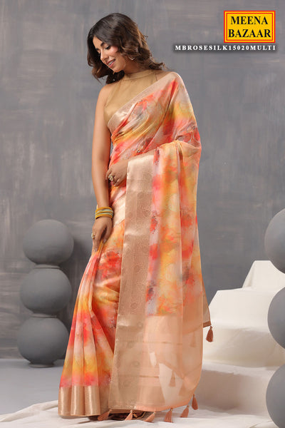 Multi-coloured Organza Floral Printed Saree