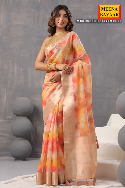 Multi-coloured Organza Floral Printed Saree