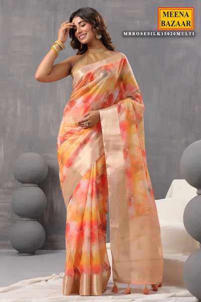 Multi-coloured Organza Floral Printed Saree