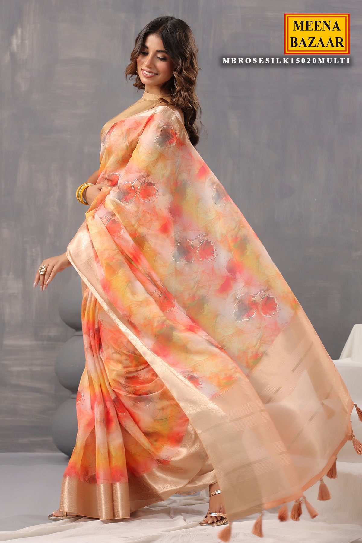 Multi-coloured Organza Floral Printed Saree