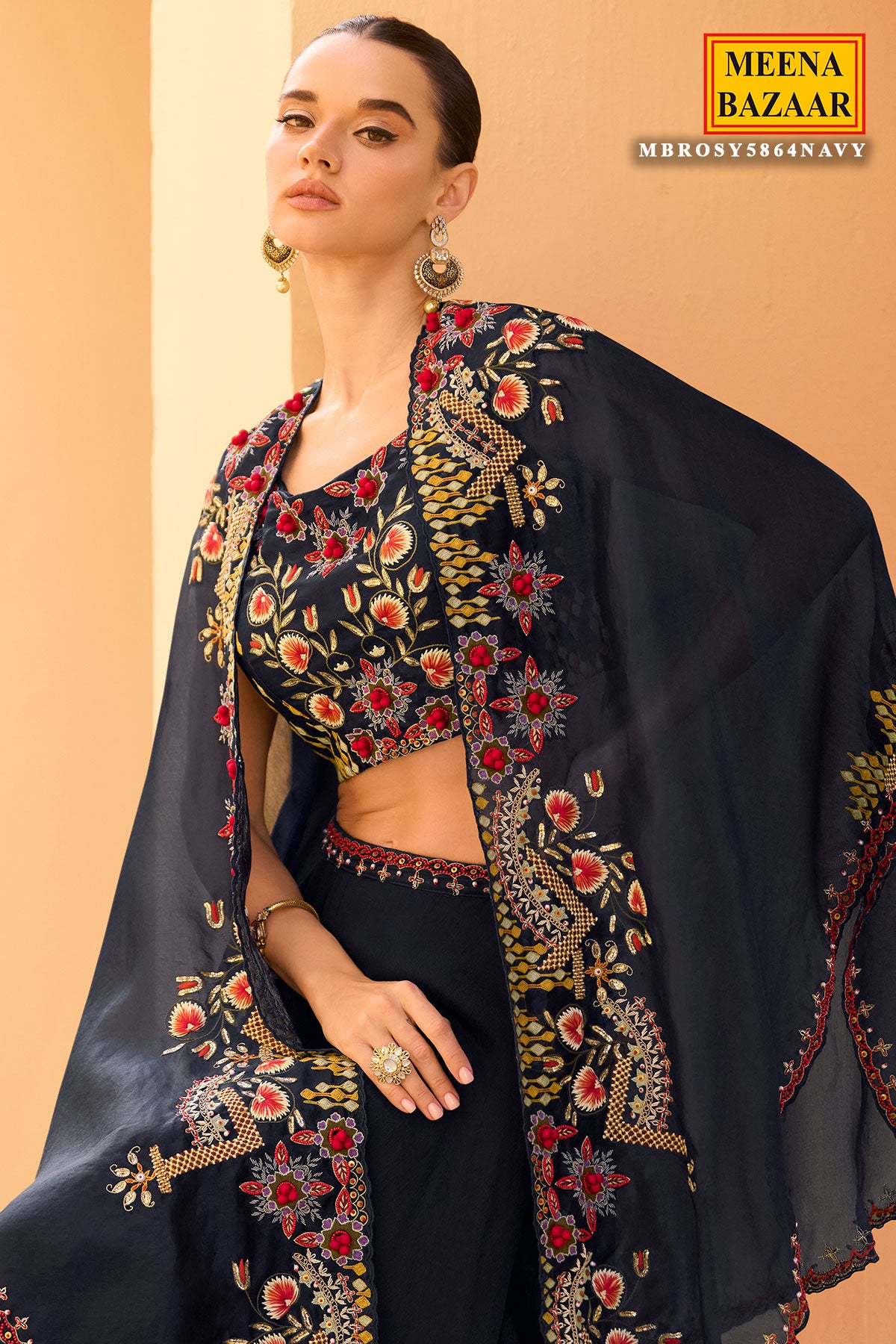 Navy Thread Embroidered Cord Set for Festive Occasions