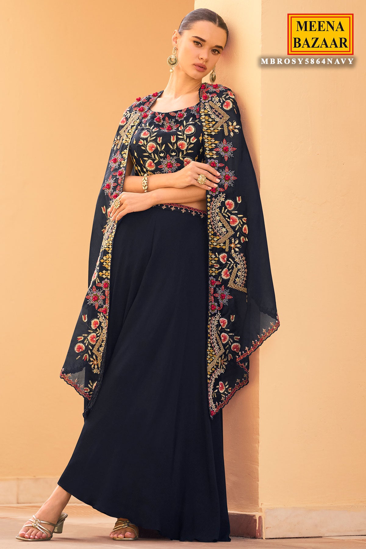 Navy Thread Embroidered Cord Set for Festive Occasions