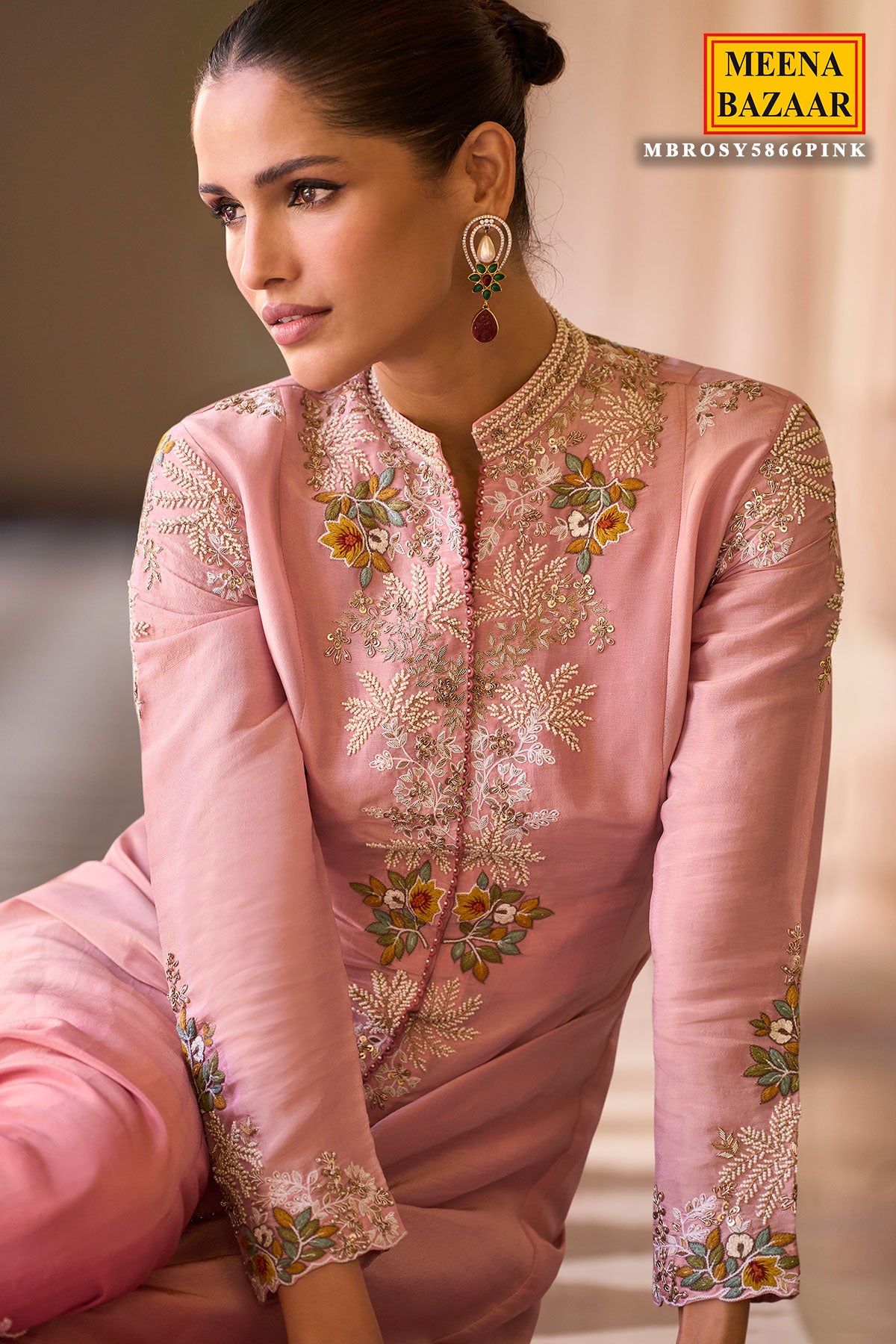 Pink Silk Embroidered Long Jacket Ready Made Suit