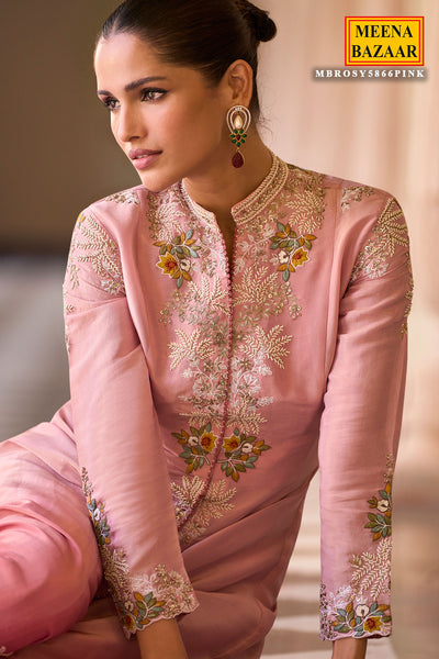 Pink Silk Embroidered Long Jacket Ready Made Suit