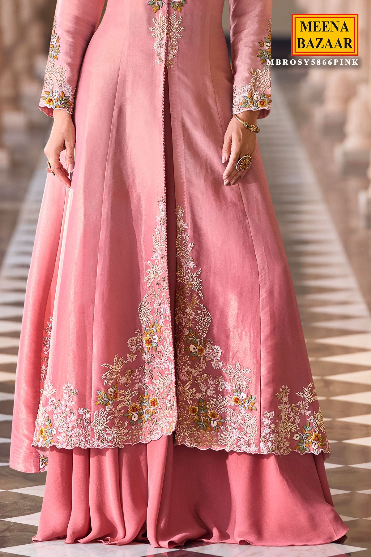 Pink Silk Embroidered Long Jacket Ready Made Suit