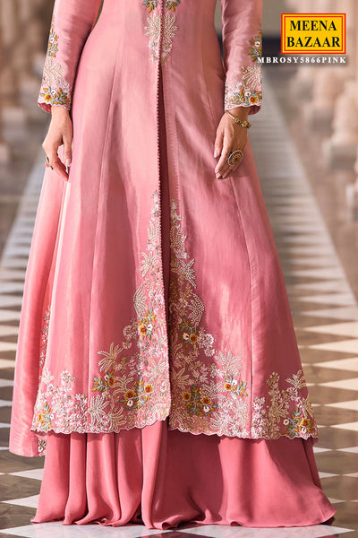Pink Silk Embroidered Long Jacket Ready Made Suit