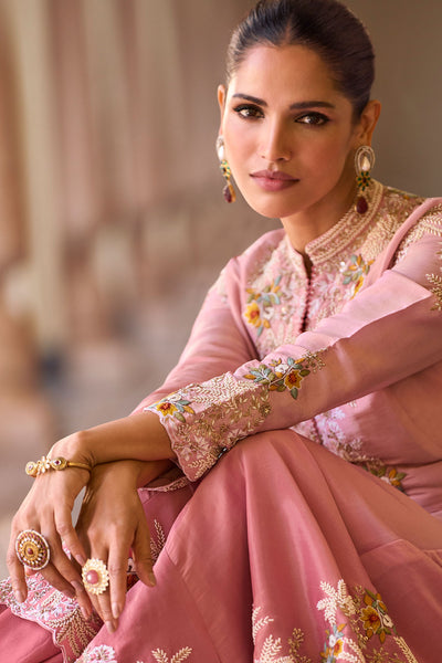 Pink Silk Embroidered Long Jacket Ready Made Suit