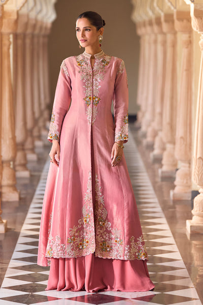 Pink Silk Embroidered Long Jacket Ready Made Suit