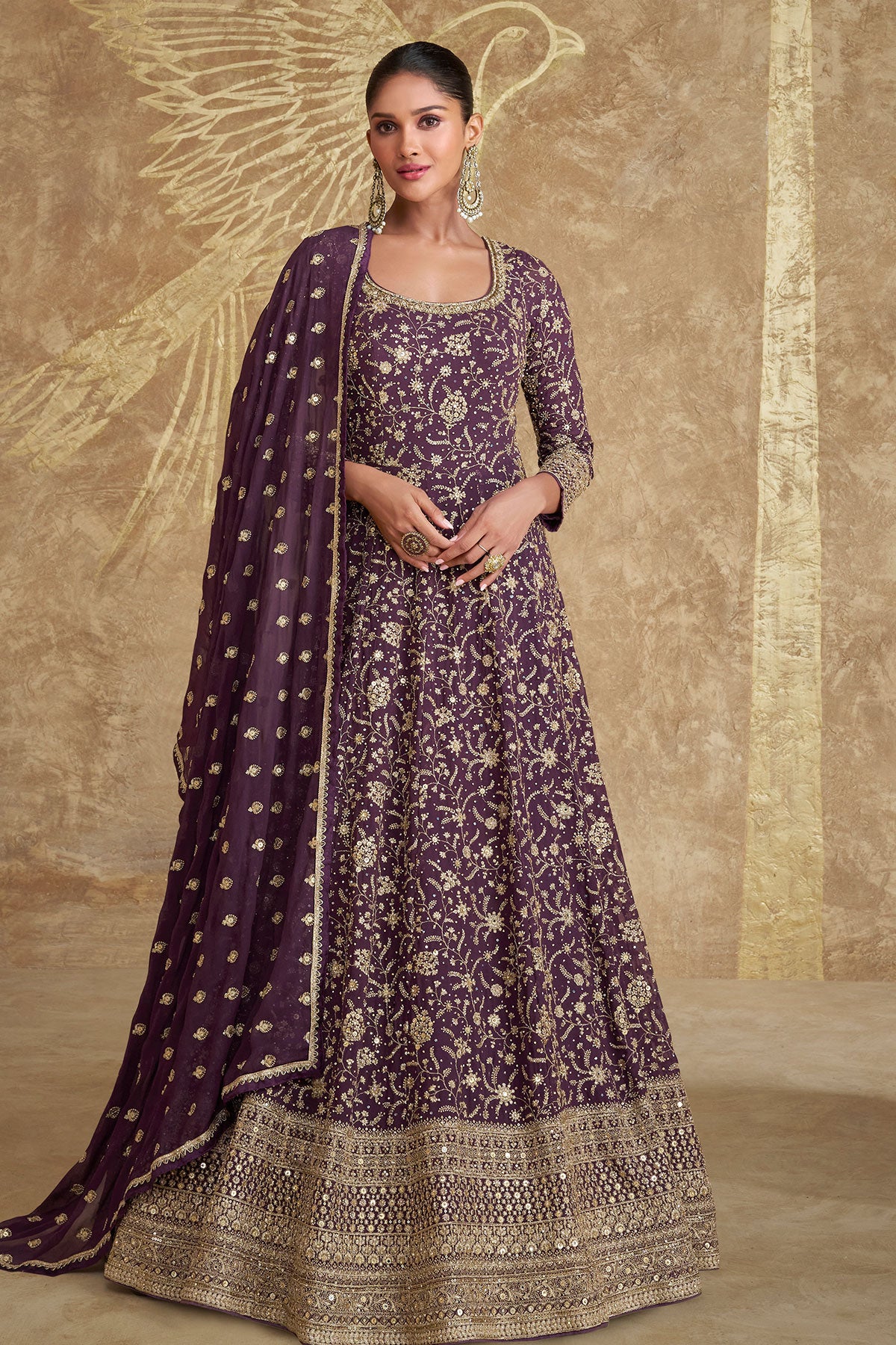 Wine Georgette Zari,Sequin Thread Embroidered Anarkali Gown