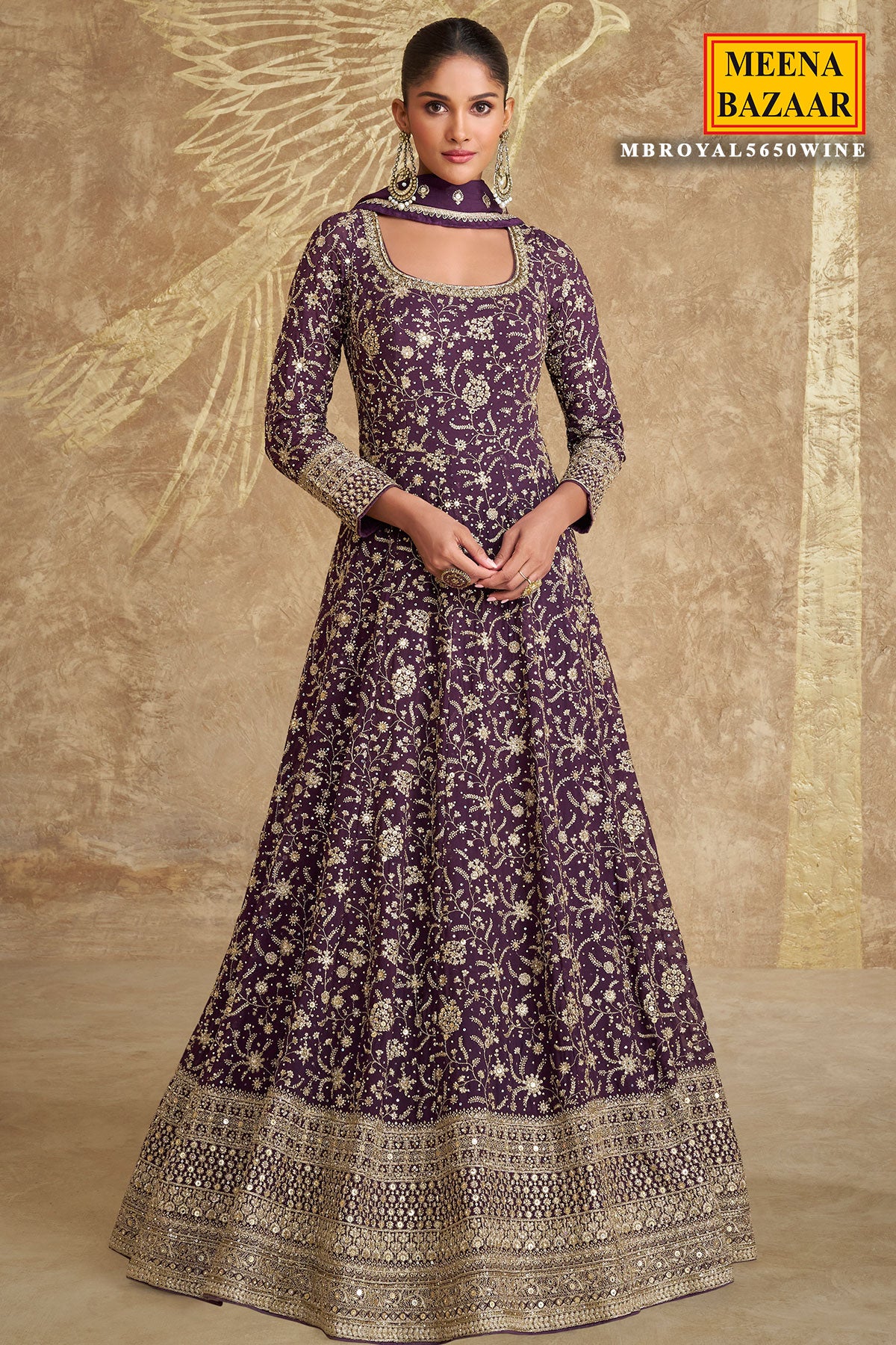 Wine Georgette Zari,Sequin Thread Embroidered Anarkali Gown