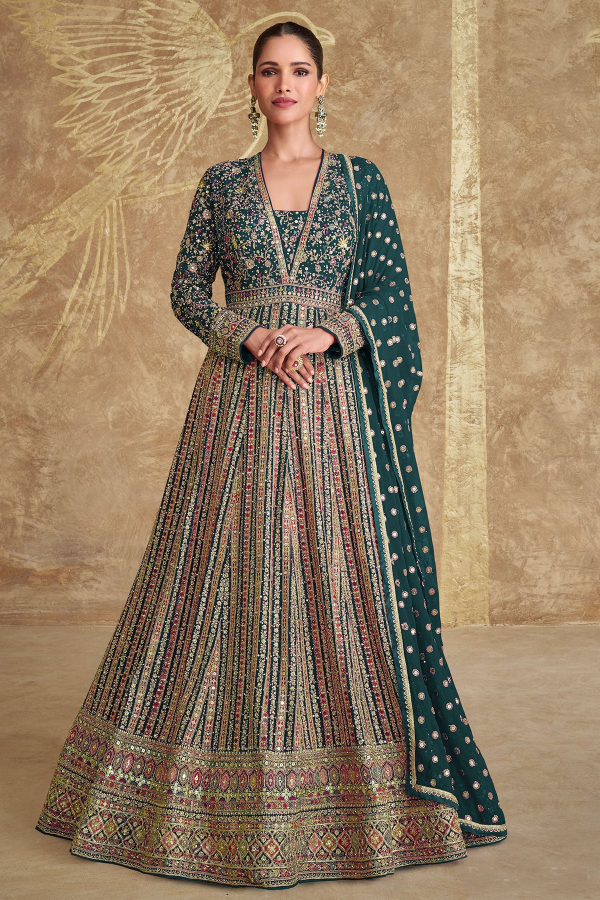 Peacock Green Georgette Zari,Sequin Thread Embroidered Anarkali Gown