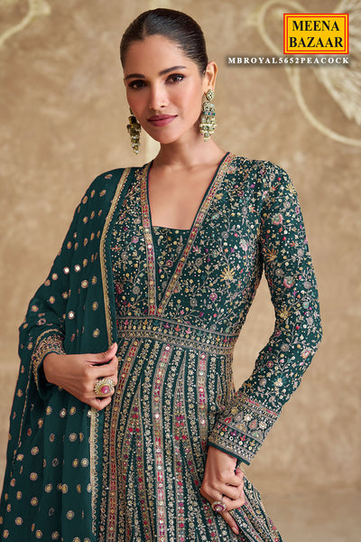 Peacock Green Georgette Zari,Sequin Thread Embroidered Anarkali Gown