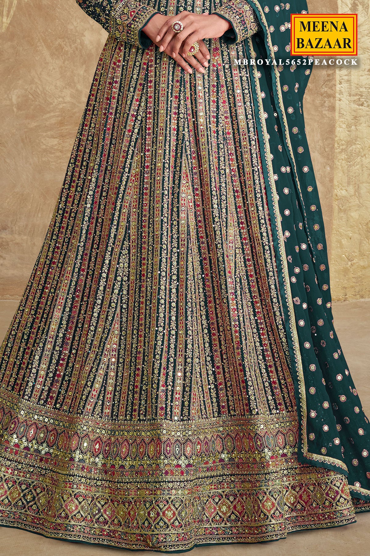 Peacock Green Georgette Zari,Sequin Thread Embroidered Anarkali Gown