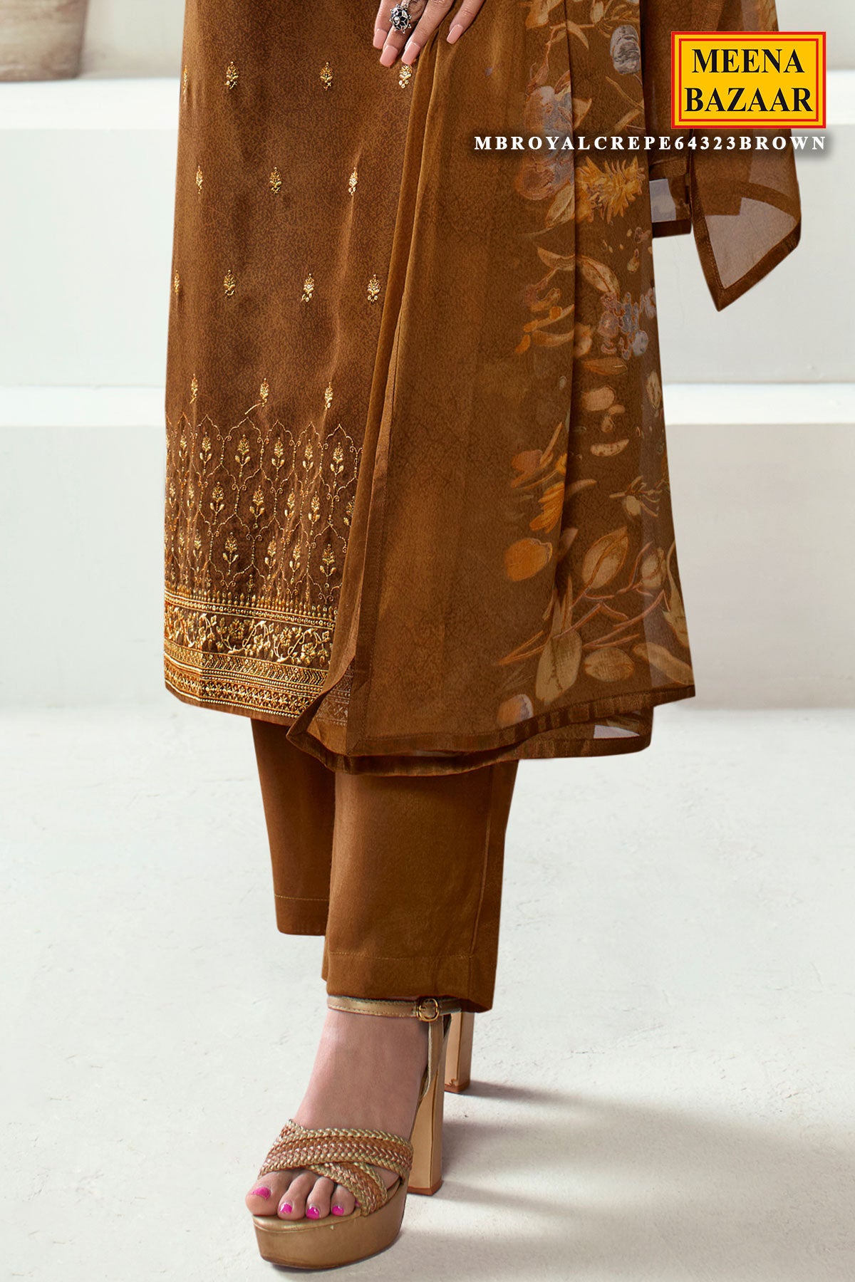 Brown Thread Embroidered WIth Sequins Crepe Suit Set