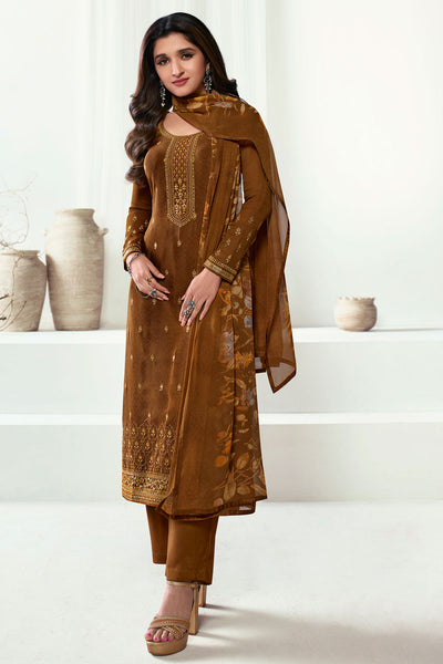 Brown Thread Embroidered WIth Sequins Crepe Suit Set