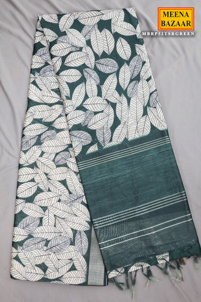 Green Silk Leaf Printed Saree With Unstitched Blouse