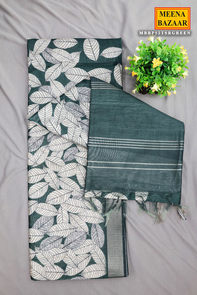 Green Silk Leaf Printed Saree With Unstitched Blouse