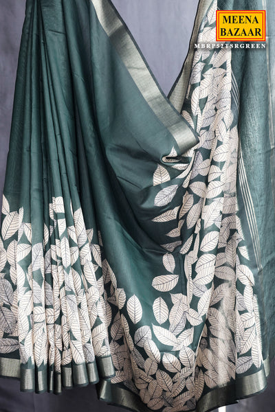 Green Silk Leaf Printed Saree With Unstitched Blouse