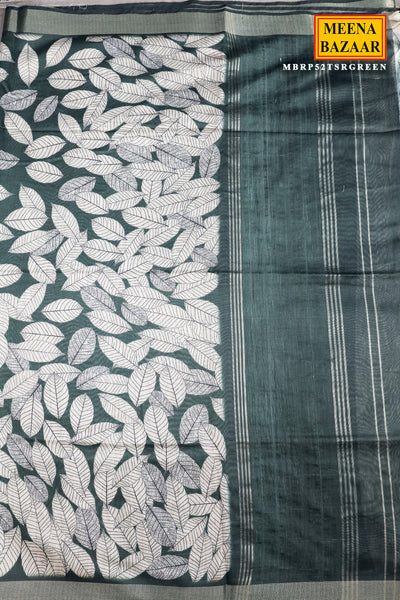 Green Silk Leaf Printed Saree With Unstitched Blouse