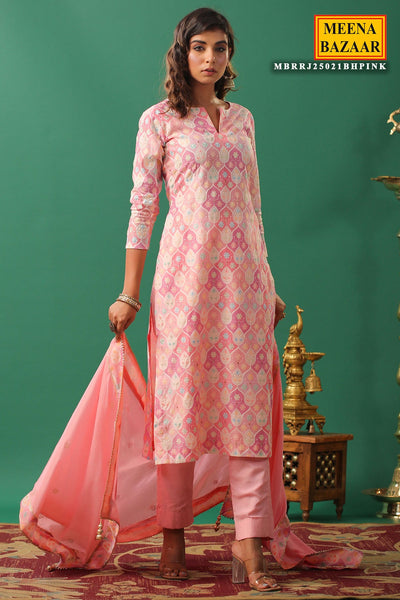Pink Cotton Floral Printed Thread and Zari Embroidered Suit Set