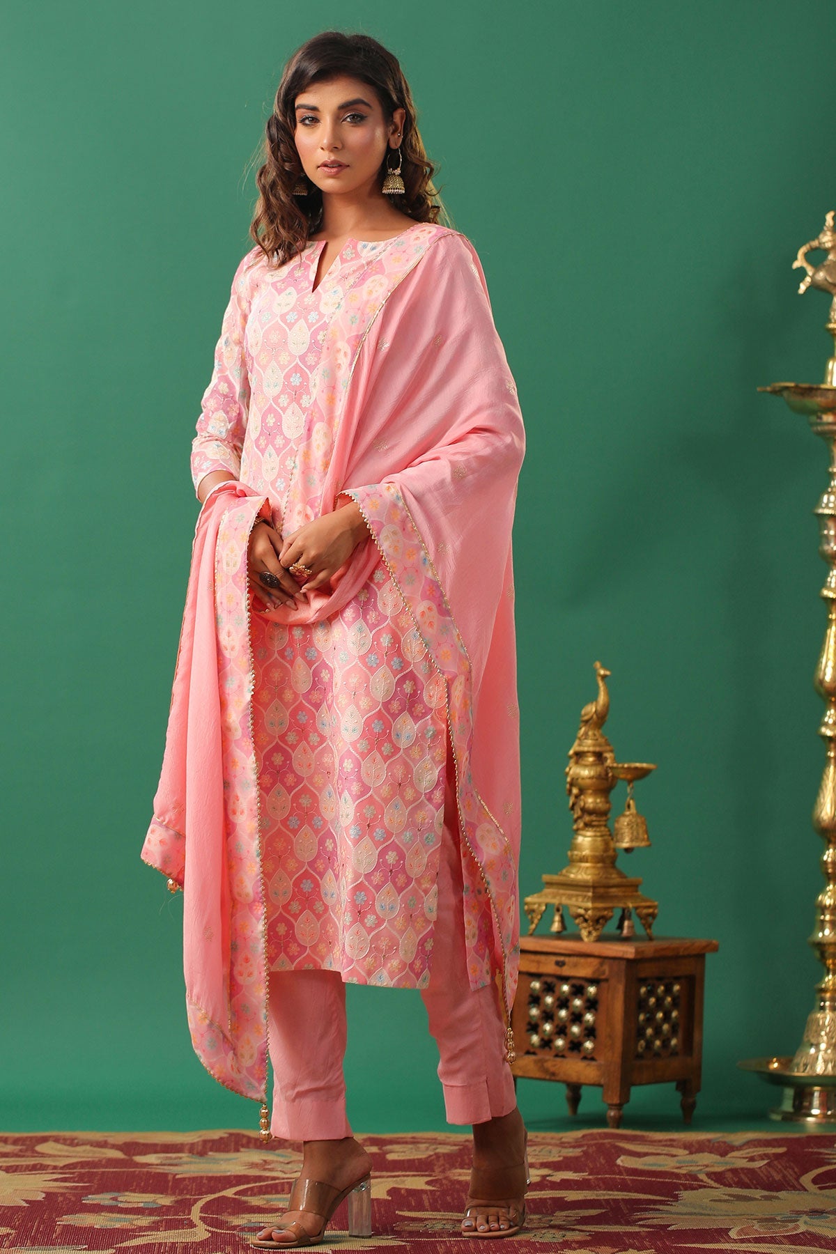 Pink Cotton Floral Printed Thread and Zari Embroidered Suit Set