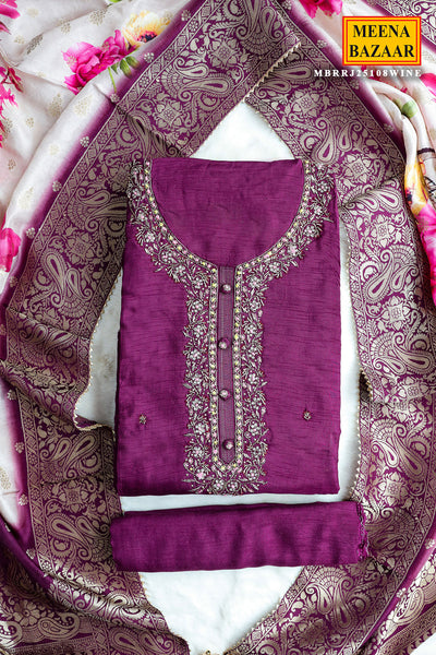 Wine Silk Cut dana, Thread Embroidered Unstitched Suit Set