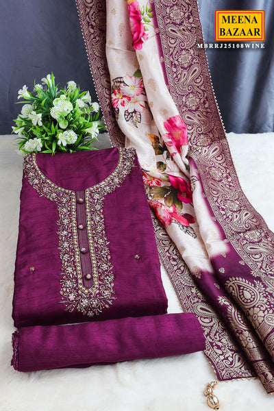 Wine Silk Cut dana, Thread Embroidered Unstitched Suit Set