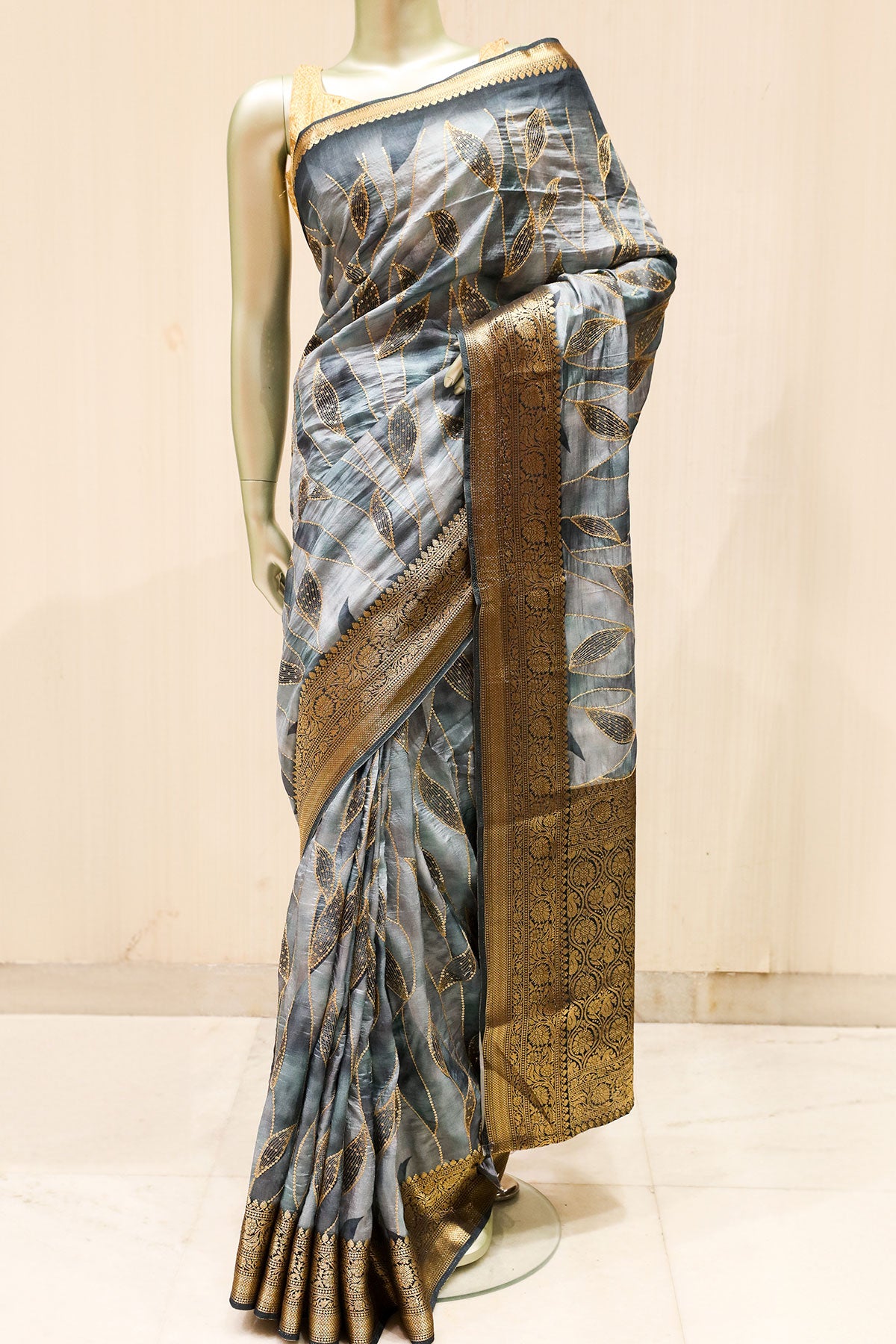 Grey South Silk Zari Embroidered Printed Saree