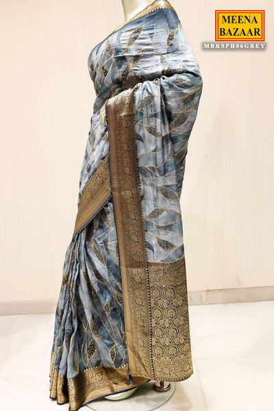 Grey South Silk Zari Embroidered Printed Saree