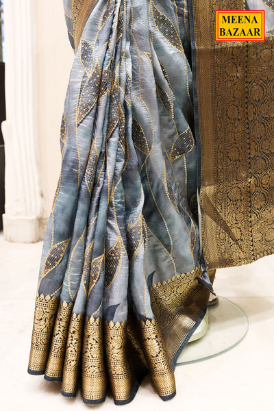 Grey South Silk Zari Embroidered Printed Saree