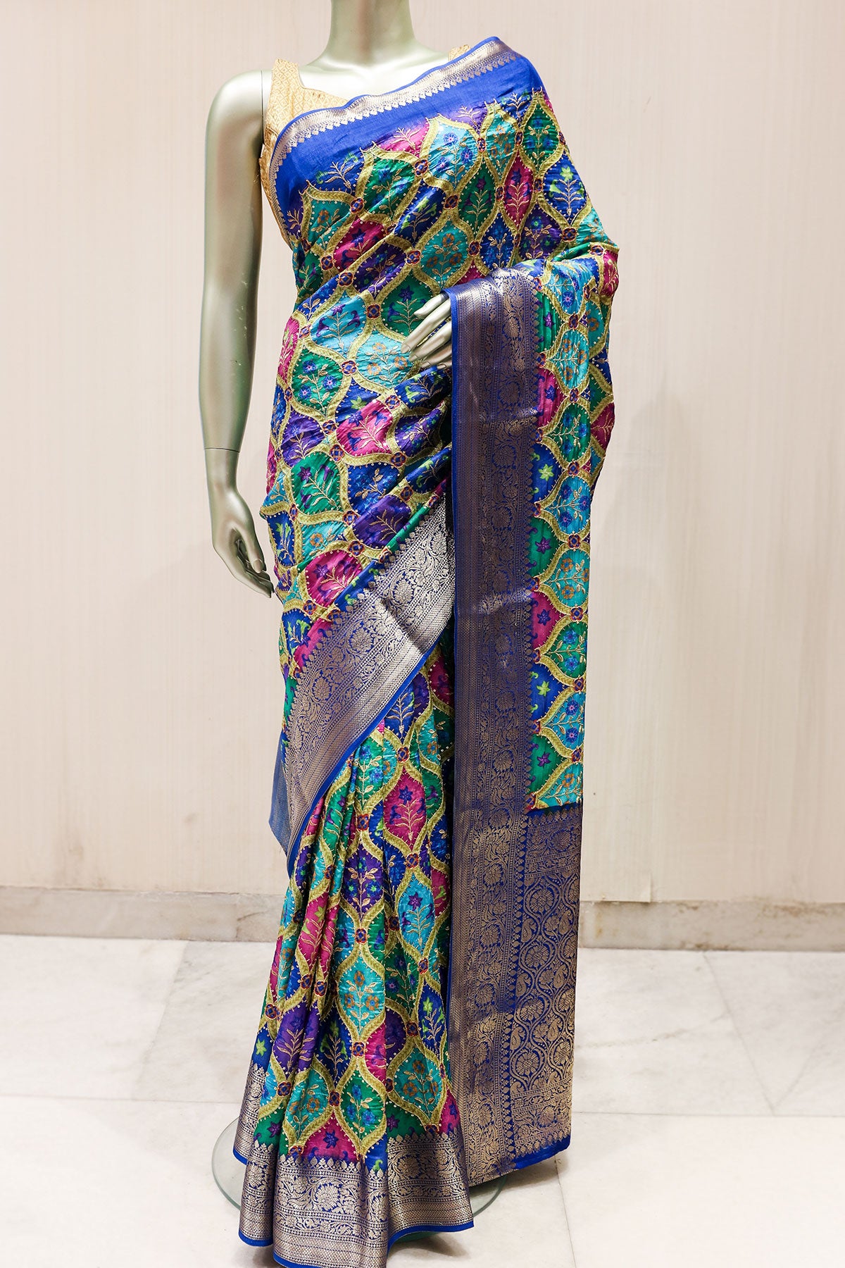 Multi-Colored Silk Floral Printed Zari Woven Saree