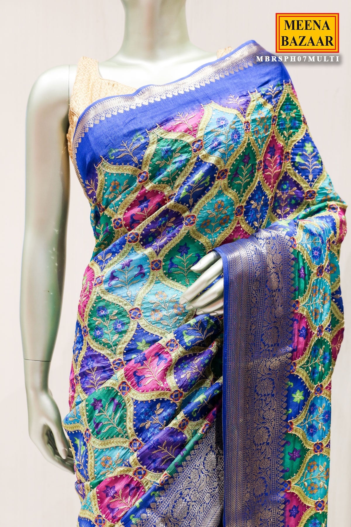 Multi-Colored Silk Floral Printed Zari Woven Saree