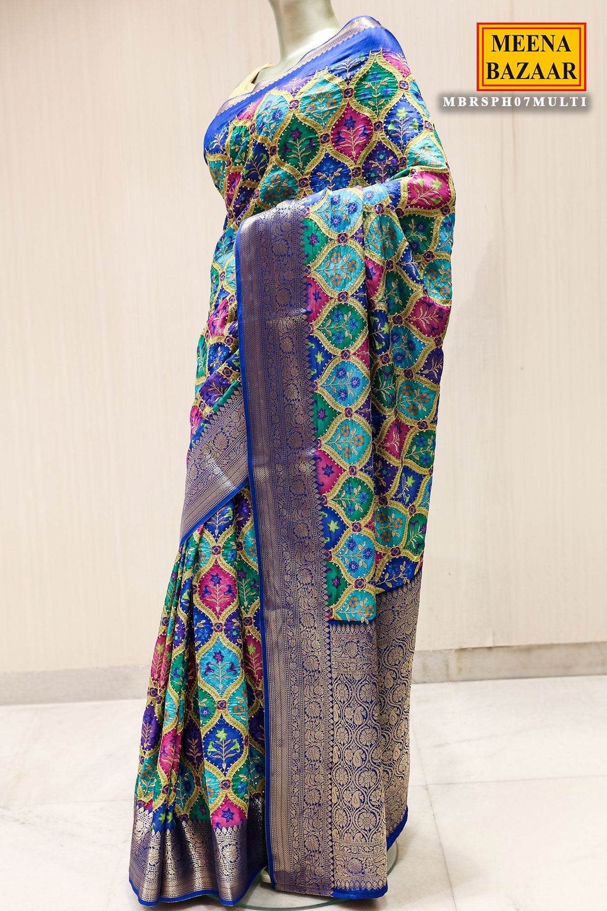 Multi-Colored Silk Floral Printed Zari Woven Saree