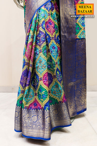 Multi-Colored Silk Floral Printed Zari Woven Saree